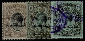 UGANDA QV Revenues, 1912 KGV 1r, three shades, Barefoot 34, USED. Cat £15.