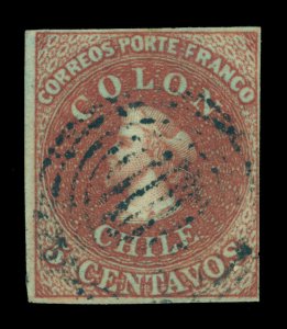 CHILE 1853 COLUMBUS London (Perkins Beacon) 5c deep brn red Sc 1 used IVORY HEAD