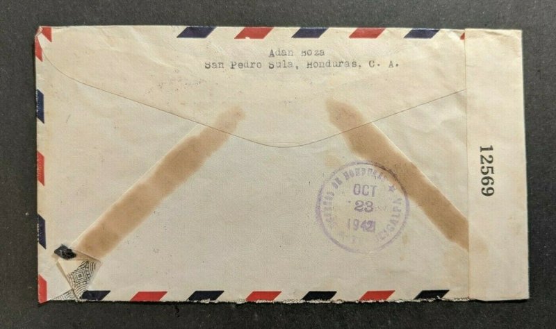 1942 San Pedro Sula Honduras Censored Airmail Cover to New York CIty Overprint