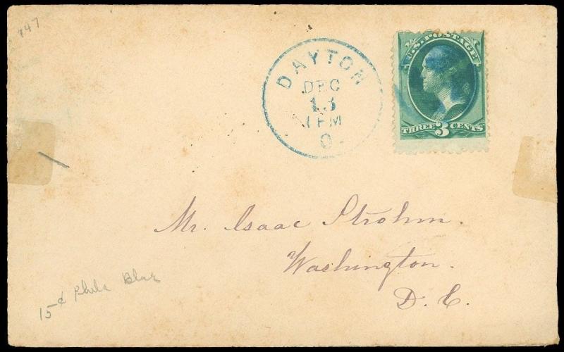 1887c Blue DEC 13 DAYTON O CDS & Fancy Cancel To ISAAC STROHM, WASH DC, SC #158