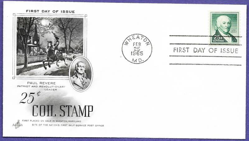 1059A, PAUL REVERE 25c COIL, 1965 U/A ARTCRAFT FIRST DAY COVER.