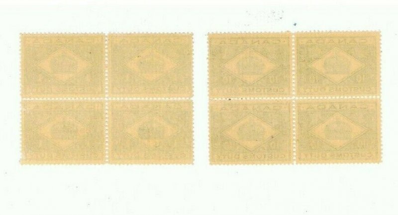 Blocks of 4 mnh One cent and 1 Cents Canada Customs Duty