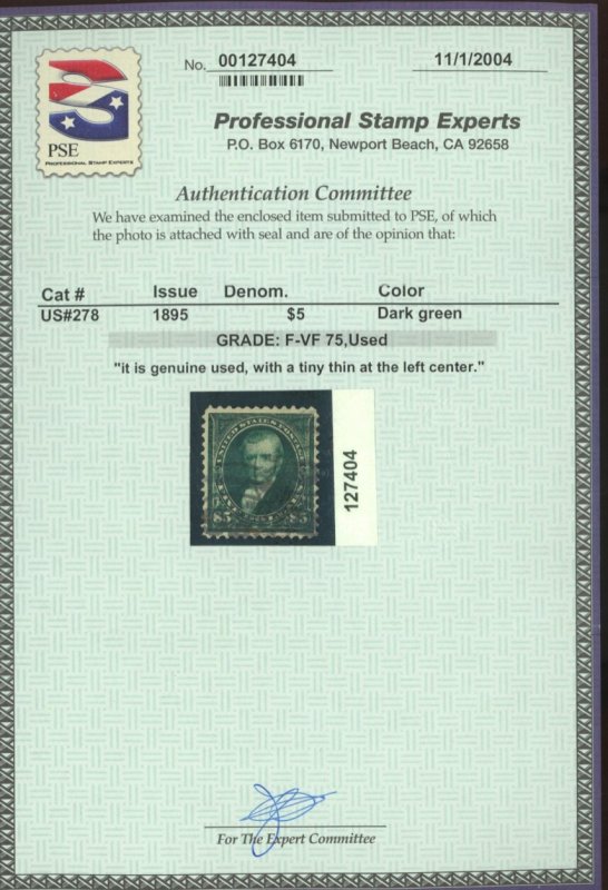 U.S. #278 USED WITH PSE CERT F-VF 75