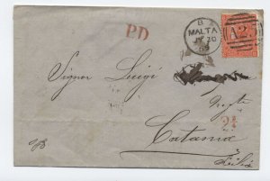 1869 Malta folded cover to Italy A25 killer 4d plate 11 GB #43 [6521.200]