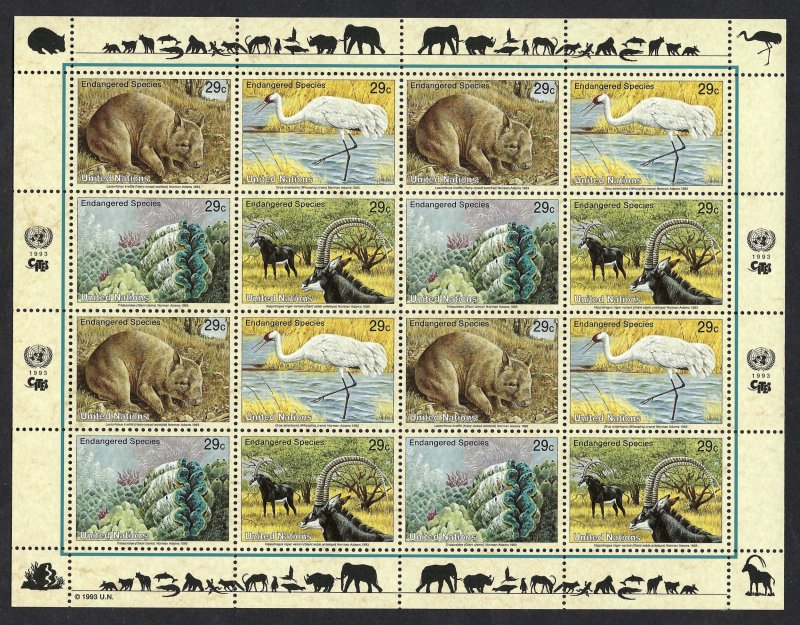 United Nations #620-623 29¢ Endangered Species (1993). Full mini-sheet. MNH