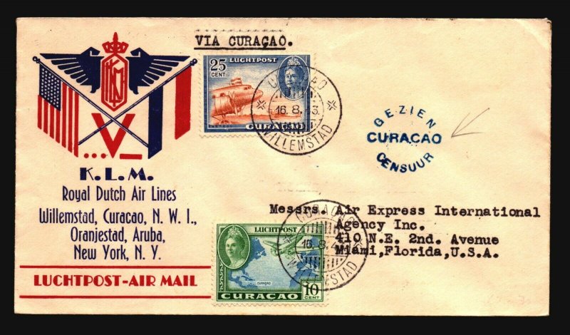 Curacao 1943 KLM Censored First Flight Cover to NY - Z17755