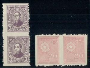 PARAGUAY #279v, 296v, 20c & 3p IMPERF BETWEEN Error pairs, og, NH, VF