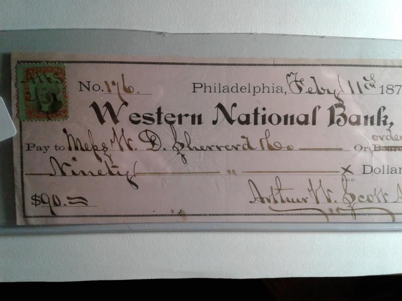 SCOTT # R35 USED INTERNAL REVENUE STAMP CHECK WESTERN NATIONAL BANK 1875