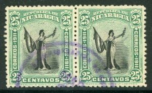 Nicaragua 1912 Liberty 25¢ Green& Black Pair Sc 304 VFU Q395