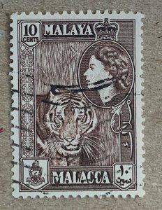 Malacca 1957 10c Tiger, used. Scott 50, CV $0.25. Cats