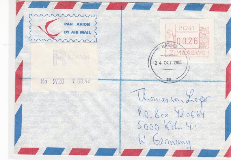 zimbabwe 1985 atm stamps cover ref 19275