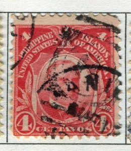 PHILIPPINES;  1906 early Portraits issue Wmk. Single Lined used 4c. value