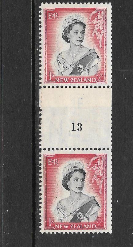 NEW ZEALAND  1953-59  1/-  QEII  COIL  #13   MNH   CP NC6c