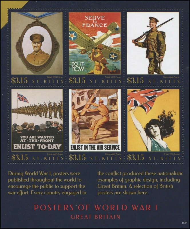 St. Kitts 2015 Sc 909 WWI Posters soldier flag airplane CV $14