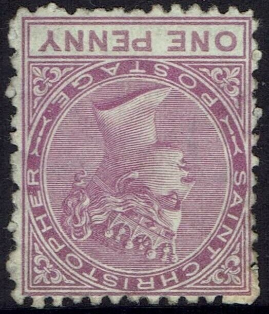 ST CHRISTOPHER 1870 QV 1D WMK CROWN CC INVERTED PERF 12½ NO GUM