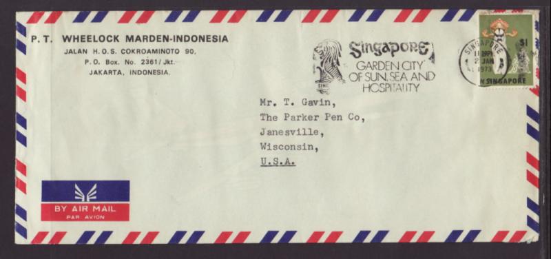 Singapore to Janesville,WI 1973 Airmail Cover Number Ten Size