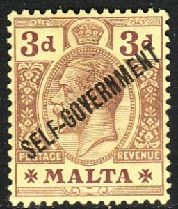 1922 Malta KGV King George V 3 pence Wmk 3 MMH Sc# 79 CV $5.00