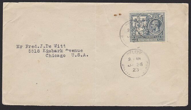 BR HONDURAS 1923 4c on cover Belize to USA..................................H322