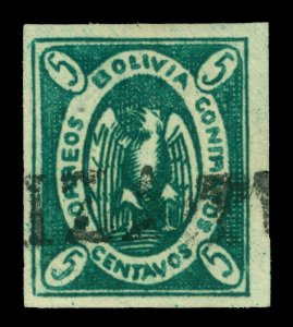 BOLIVIA 1867  CONDO  5c  green Scott # 2b used VF TUPIZA postal cancel -scarce