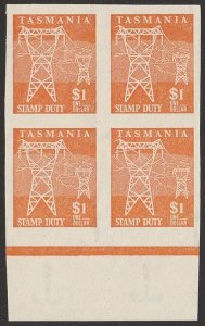 TASMANIA Stamp Duty 1966 Power Pylon $1 IMPERF block. MNH **. 1 sheet recorded.