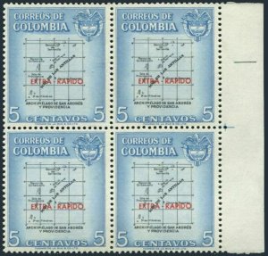 Colombia C289 block/4,MNH.Michel 806. Map overprinted EXTRA RAPIDO,1957.