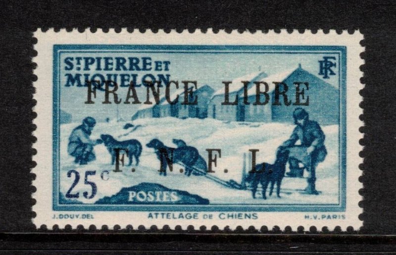 ST PIERRE & MIQUELON 1942 25c France Libre Overprint; Scott 229, Yvert 253; MNH