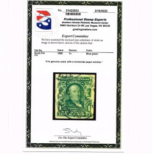 GENUINE SCOTT #314 VF-XF USED 1906 BLUE GREEN BEP PRINTING IMPERFORATE PSE CERT