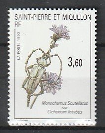 1993 St. Pierre and Miquelon - Sc 588 - MNH VF - 1 single - Flowers & Insects