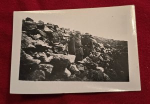 BATTLE WORN STEEL HELMET SOLDIERS STONE FORT WW2 WWII German Military War photo