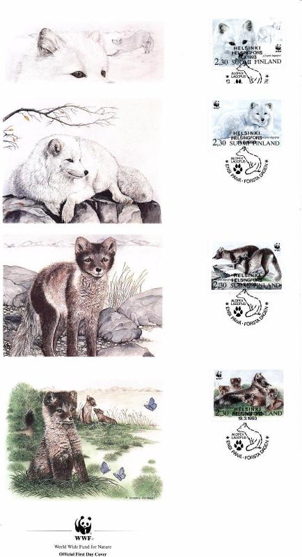 [54151] Finland 1993 Wild animals Mammals WWF Polar Fox FDC 4 covers