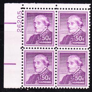 United States 1954 50c Susan B. Anthony  Liberty Plate Number Blocks of 4  VF/NH