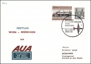 Austria Austrian Airlines Vienna to Munich 1965 1st Flight Cover