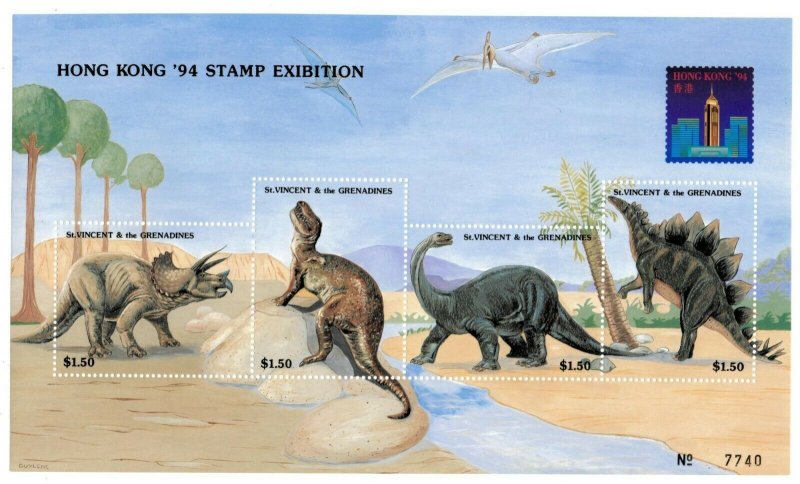 St. Vincent 1994 SC# 2021 Dinosaurs, Prehistoric, HK - Sheet of 4 Stamps - MNH