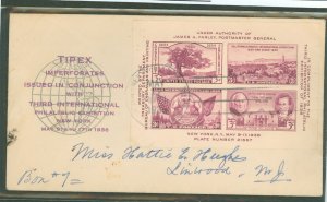 US 778 1936 Tipex (third Internation Philatelic Exposition) souvenir sheet of four imperf stamps on an addressed FDC with a cach