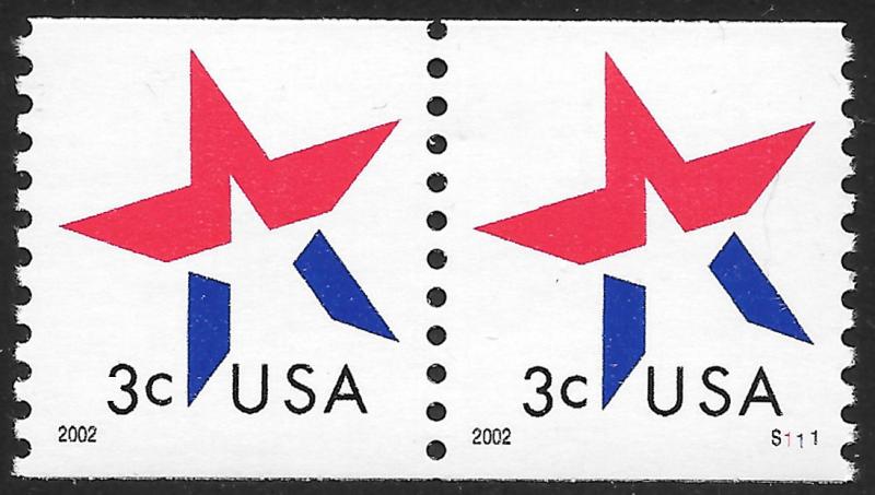 Sc 3615  3¢ Star USA Plate # Coil Pair, MNH