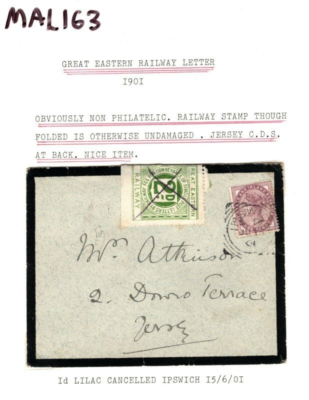 GB RAILWAY STAMP Cover *GER* Non Philatelic Ipswich 1901 Squared Circle MAL163