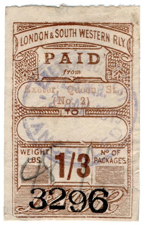 (I.B) London & South Western Railway : Paid Parcel 1/3d (Exeter)