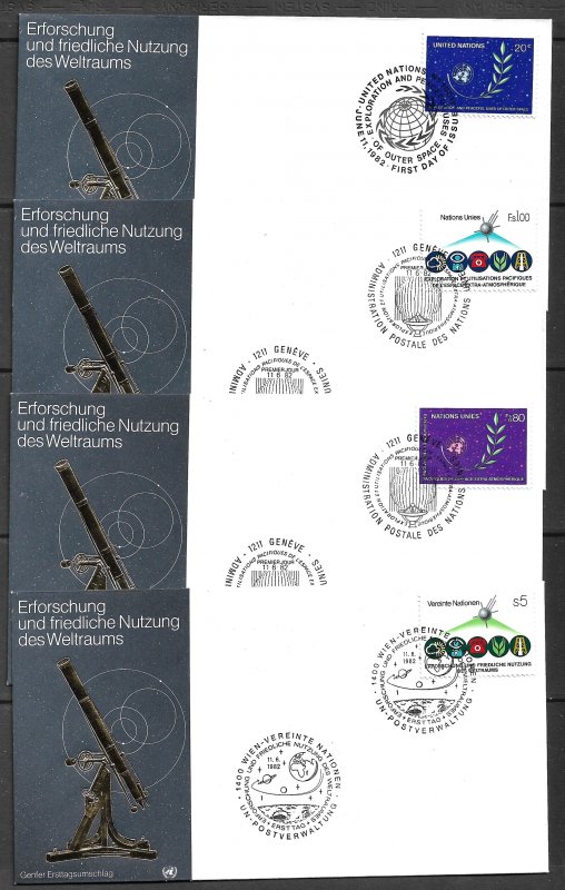 UNITED NATIONS NY GENEVA VIENNA SPACE FDCs Telescope Cachets Sc 373, 109-110, 27