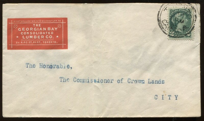 Canada 2 Cents Small Queen on cacheted 1892 local Toronto cover