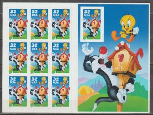 3205, Pane of 10 -Blk of 9 W/one IMPERF. Single. Sylvester & Tweety Bird MNH.