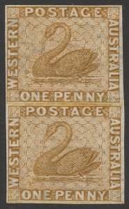 WESTERN AUSTRALIA 1864 Swan 1d perf pair Proof, wmk crown CC. 1 sheet recorded.