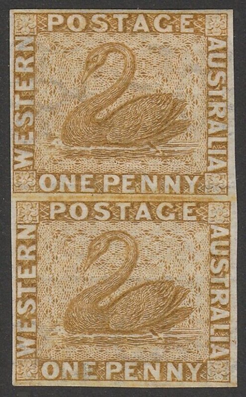 WESTERN AUSTRALIA 1864 Swan 1d perf pair Proof, wmk crown CC. 1 sheet recorded.