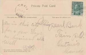 Canada 1c Green KGV Admiral 1913 Victoria, B.C. PPC to Tain, Ont. 1902-1919 s...