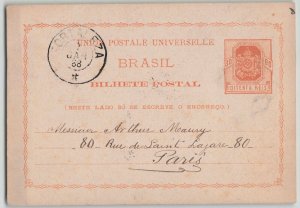 Brazil 1888 80r Fortaleza to Paris France via Pernambuco Postal Stationery Card