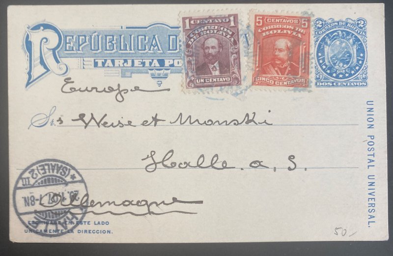 1906 La Paz Bolivia Postal Stationery Postcard Uprated Cover To Halle Germany