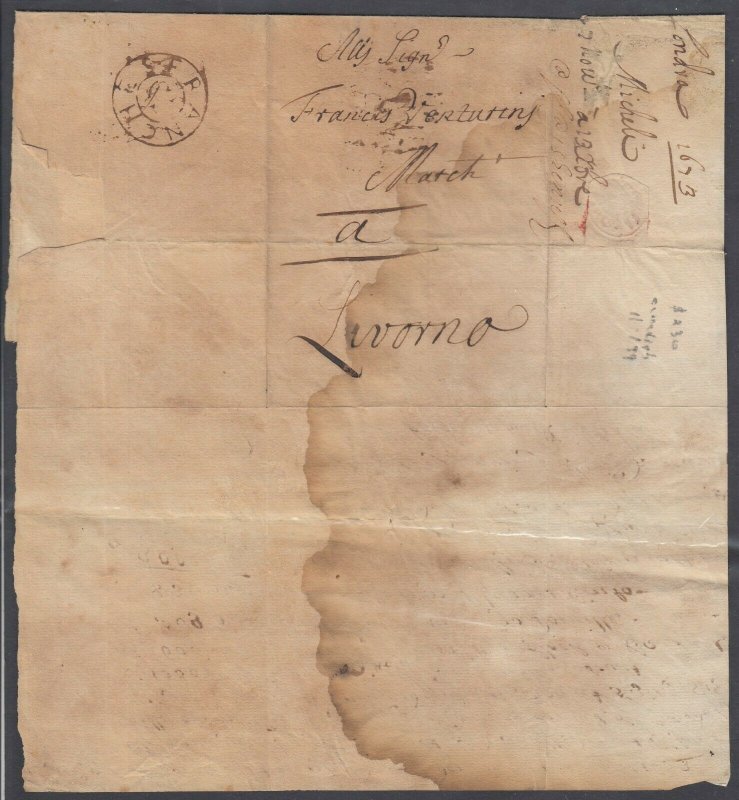 GB 1673 folded letter with FRANCHES marking on cover London to Livono (Italy)