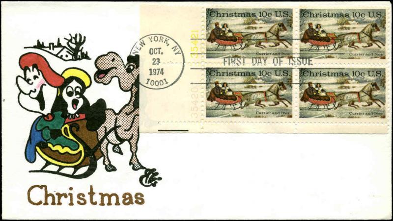 US FDC #1551 Plate Block  Ellis Animated Cachet New York, NY Christmas