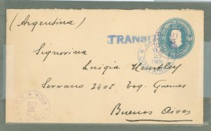 Costa Rica  1909 10c blue; from Mojon, via San Jose, New Orleans transit, Buenos arrival cancel.