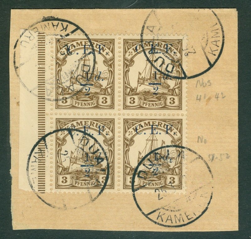 SG B1 Cameroon 1915. ½d on 3pf brown block of 4. Very fine used on piece...