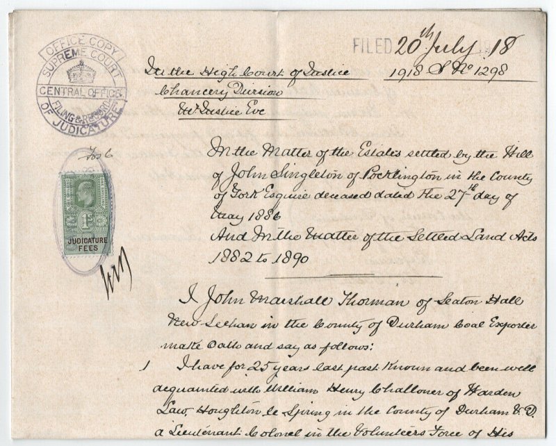 (I.B) Edward VII Revenue : Judicature Fees 1/- (complete document)